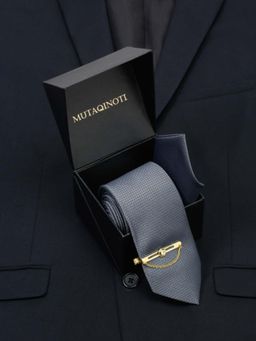 MUTAQINOTI - Men Solid Grey Tie With Pocket Square & Lapel Pin