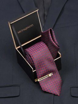 MUTAQINOTI - Men Printed Maroon Tie With Pocket Square & Lapel Pin