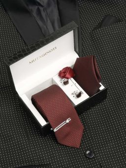 MUTAQINOTI - Men Printed Red Tie Pocket Square Lapel Pin With Brooch & Cufflinks
