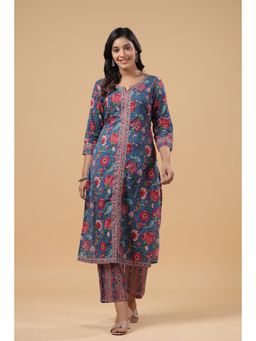 SAVI - Blue Cotton Floral Printed Kurta with Pant
