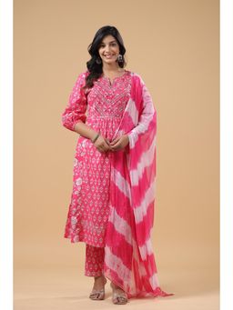 SAVI - Pink Cotton Embroidered A Line Kurta with Pant and Dupatta