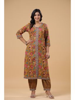 SAVI - Mustard Cotton Floral Printed Front Slit Kurta Pant