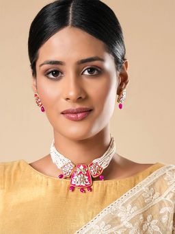 Yellow Chimes - Gold-Plated Pink & White Kundan Stone Studded Jewellery Set