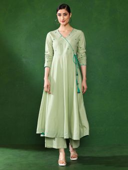 Jaipur Kurti - Women Light Green Angrakha Style Cotton Flared Kurta With Palazzos