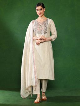 Jaipur Kurti - Beige Embroidered Kurta with Pant and Dupatta (Set of 3)