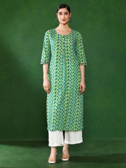 Jaipur Kurti - Green & Blue Geometric Print Straight Cotton Kurta