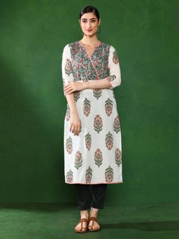 Jaipur Kurti - Off White Ethnic Floral Printed Straight Kurta with Palazzo (Set of 2)