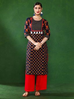 Jaipur Kurti - Navy Blue Ethnic Printed Straight Cotton Tassels Kurta