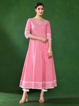 Jaipur Kurti - Pink Printed Embroidered Yoke Anarkali Kurta