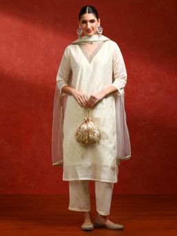 Jaipur Kurti - Off White Chanderi Silk Embroidered Kurta with Pant and Dupatta (Set of 3)
