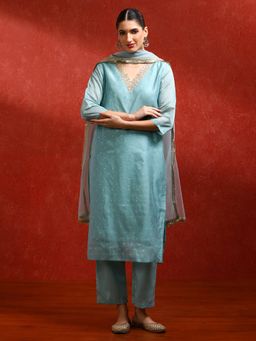 Jaipur Kurti - Blue Chanderi Silk Embroidered Kurta with Pant and Dupatta (Set of 3)