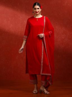 Jaipur Kurti - Red Silk Blend Solid/Plain Kurta with Pant and Dupatta (Set of 3)