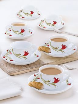 Larah by Borosil - 90Ml Each Red Lily Cup & Saucer (Pack of 6)