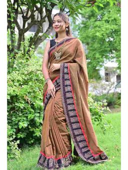 Isadora Life - Womens Printed Brown Pre-Draped Saree with Unstitched Blouse