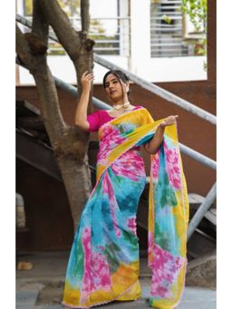 Isadora Life - Womens Tie & Dye Printed Multi-Color Pre-Draped Saree with Unstitched Blouse