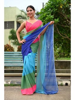 Isadora Life - Womens Colorblock Printed Multi-Color Pre-Draped Saree with Unstitched Blouse