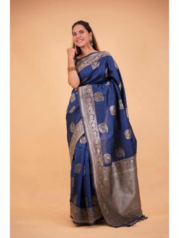 Isadora Life - Womens Paisley Zari Blue Pre-Draped Saree with Unstitched Blouse
