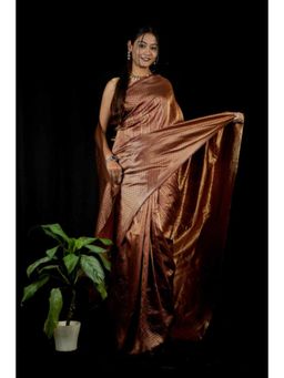 Isadora Life - Womens Woven Zari Brown Pre-Draped Saree with Unstitched Blouse
