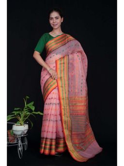 Isadora Life - Womens Woven Zari Pink Pre-Draped Saree with Unstitched Blouse