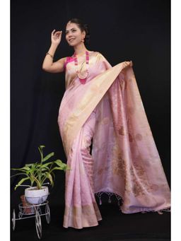 Isadora Life - Womens Woven Zari Pink Pre-Draped Saree with Unstitched Blouse