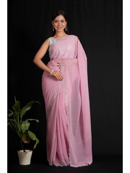 Isadora Life - Womens Beads Sequined Pink Pre-Draped Saree with Unstitched Blouse