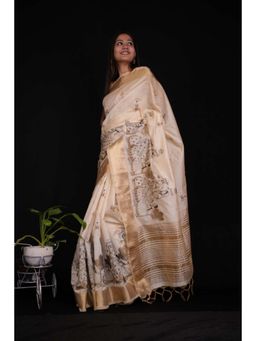 Isadora Life - Womens Embroidered Tassels Beige Pre-Draped Saree with Unstitched Blouse