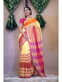 Isadora Life - Womens Stripes Tassels Yellow Pre-Draped Saree with Unstitched Blouse
