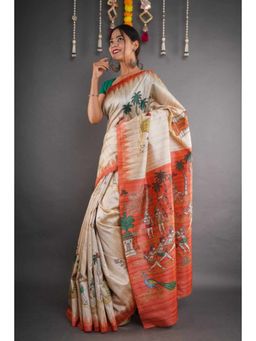 Isadora Life - Womens Printed Beige Pre-Draped Saree with Unstitched Blouse