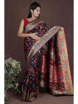 Isadora Life - Womens Floral Zari Black Pre-Draped Saree with Unstitched Blouse