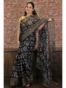 Isadora Life - Womens Bandhani Printed Black Pre-Draped Saree with Unstitched Blouse