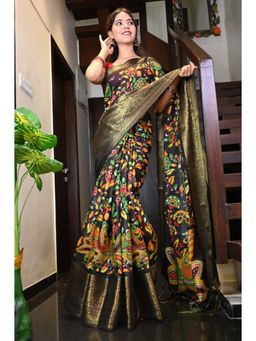 Isadora Life - Womens Floral Printed Black Pre-Draped Saree with Unstitched Blouse