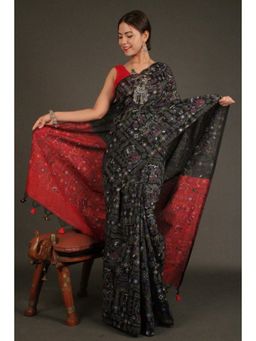Isadora Life - Womens Printed Tassels Black Pre-Draped Saree with Unstitched Blouse