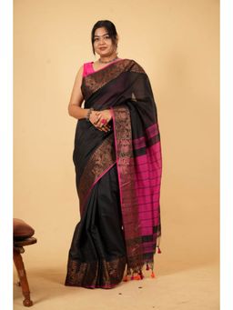Isadora Life - Womens Woven Zari Black Pre-Draped Saree with Unstitched Blouse