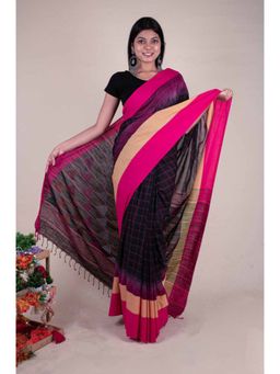 Isadora Life - Womens Checks Tassels Black Pre-Draped Saree with Unstitched Blouse
