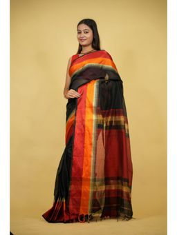 Isadora Life - Womens Woven Tassels Black Pre-Draped Saree with Unstitched Blouse