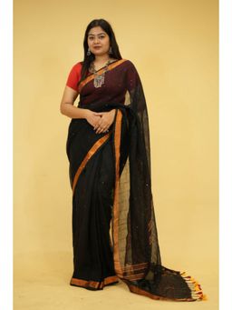 Isadora Life - Womens Tassels Sequined Black Pre-Draped Saree with Unstitched Blouse