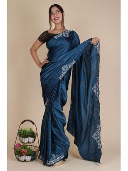 Isadora Life - Womens Sequined Embroidered Blue Pre-Draped Saree with Unstitched Blouse