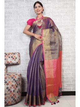 Isadora Life - Womens Solid Tassels Blue Pre-Draped Saree with Unstitched Blouse