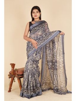 Isadora Life - Womens Printed Grey Pre-Draped Saree with Unstitched Blouse