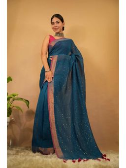 Isadora Life - Womens Tassels Sequined Blue Pre-Draped Saree with Unstitched Blouse
