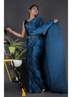 Isadora Life - Womens Pleated Plain Blue Pre-Draped Saree with Unstitched Blouse