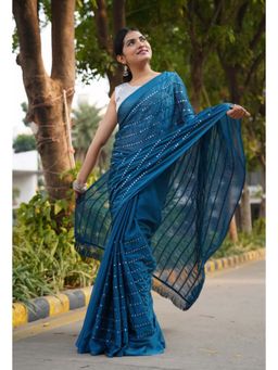 Isadora Life - Womens Mirror Work Sequined Teal Pre-Draped Saree with Unstitched Blouse