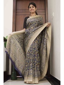 Isadora Life - Womens Floral Printed Blue Pre-Draped Saree with Unstitched Blouse