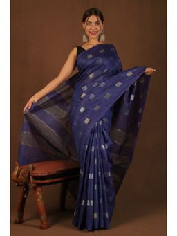 Isadora Life - Womens Woven Zari Navy Blue Pre-Draped Saree with Unstitched Blouse