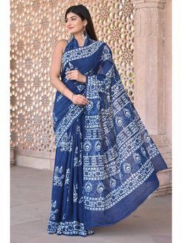 Isadora Life - Womens Printed Blue Pre-Draped Saree with Unstitched Blouse