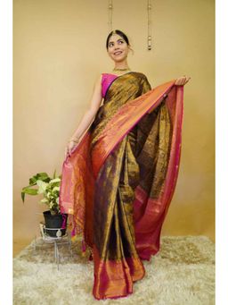 Isadora Life - Womens Woven Zari Green Pre-Draped Saree with Unstitched Blouse