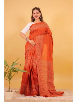 Isadora Life - Womens Printed Orange Pre-Draped Saree with Unstitched Blouse