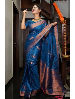 Isadora Life - Womens Paisley Zari Blue Pre-Draped Saree with Unstitched Blouse