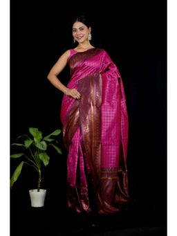 Isadora Life - Womens Checks Printed Pink Pre-Draped Saree with Unstitched Blouse