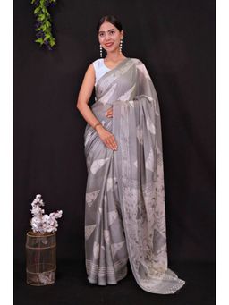 Isadora Life - Womens Printed Grey Pre-Draped Saree with Unstitched Blouse
